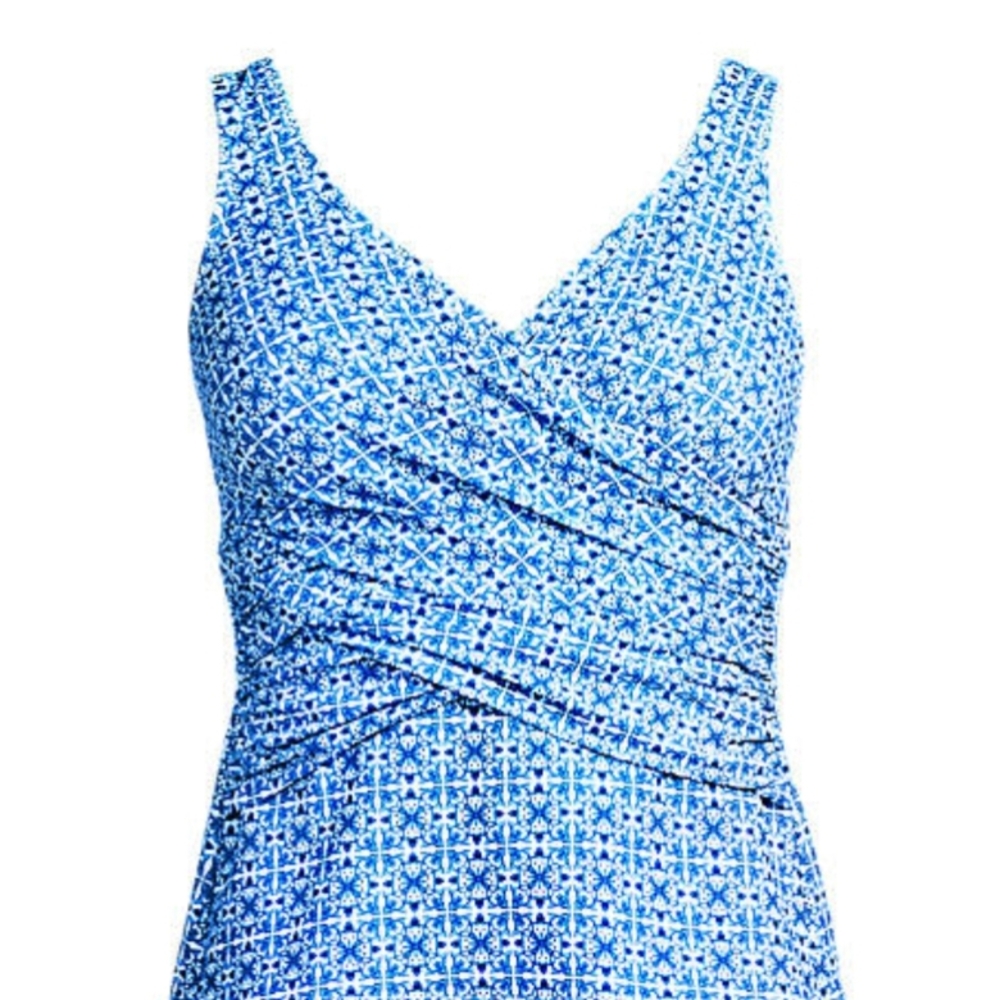 Lands' End Blue Geometric Women's Slendersuit Wrap Tankini Top